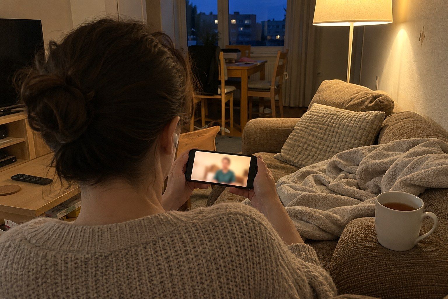 Rodič se večer na gauči dívá na video lekci v mobilu